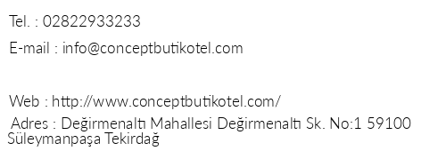 Concept Butik Hotel telefon numaralar, faks, e-mail, posta adresi ve iletiim bilgileri